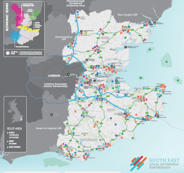 Detailed map of SELEP area: East Sussex, Essex, Kent, Medway, Southend and Thurrock; showing major education and business facilities; business parks; development sites; cultural and leisure spots; retail locations and energy facilities