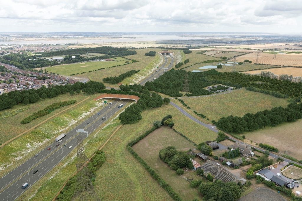 The proposed Thong Lane green bridge linking Gravesend and Thong, and the approach to the southern tunnel entrance of the Lower Thames Crossing